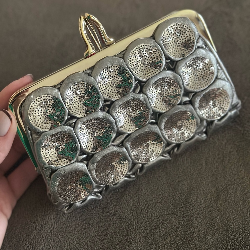 CHRISTIAN LOUBOUTIN Carillon Silver Satin & Sequin Shoe Kisslock Clutch